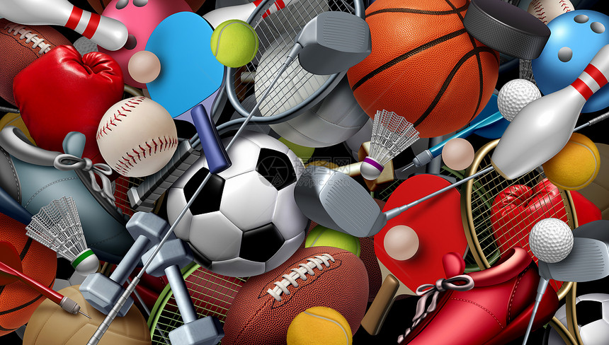 体育设备与足球篮球,棒球,足球,网球高尔夫球,包括乒乓球,曲棍球,健康的娱乐活动休闲乐趣活动的队个人打健康与三维插图元素图片