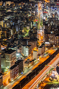 日本横滨市鸟瞰路灯照明横滨日本人口大城市高清图片