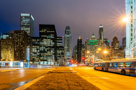 芝加哥天际线建筑沿芝加哥伟英里芝加哥市中心芝加哥市伊利诺伊州美国日落图片