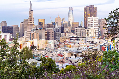 平方英尺旧金山市中心天际线日落时美国加利福尼亚州旧金山的InaCoolbrithPark山鸟瞰背景