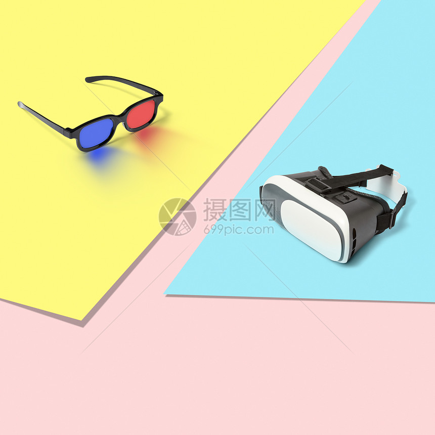 塑料3D立体眼镜,用于观看电影虚拟现实VR眼镜,用于带的三电脑游戏,3D虚拟现实眼镜三色背景下图片