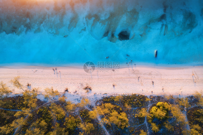 日落时,沙滩上绿树蓝海的鸟瞰暑假非洲的印度洋热带景观棕榈树,白沙,清澈的碧水,海浪的风景自然图片