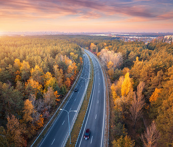 森林路秋天日落时美丽的树林与公路美景背景