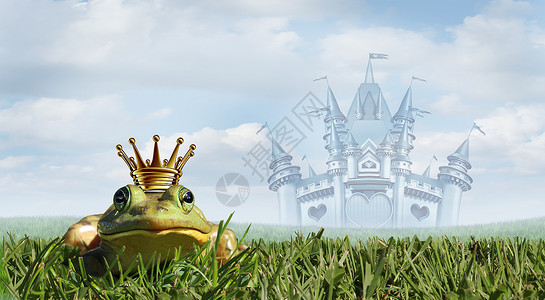 皇冠免抠插图青蛙王子童话城堡的背景,个神奇的故事皇冠与两栖动物等待公主吻与3D插图元素背景