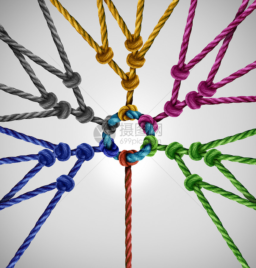 连接网络群体个个体,连接同的队,个抽象的交流,以同颜色的连接绳社会联系的隐喻图片