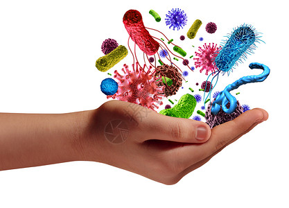 沙门氏菌病健康疾病风险医疗保健与人的手着微小的癌症病细菌细胞隐喻病原体疾病与三维插图元素背景