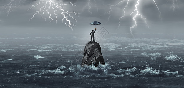 商业伞由商人暴风雨中以雷电企业危机的隐喻,金融安全保护理念与3D插图元素背景图片