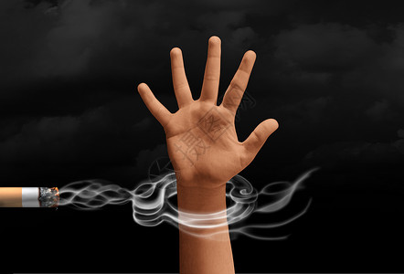 手叼着烟吸烟成瘾的吸烟者被困香烟烟雾与3D插图元素背景