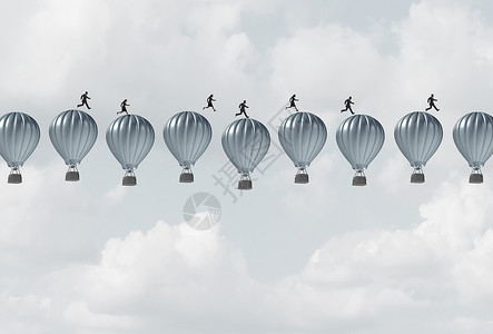 热气球荒山元素商业队战略机会企业队合作成功理念,协调战略时机与三维插图元素背景