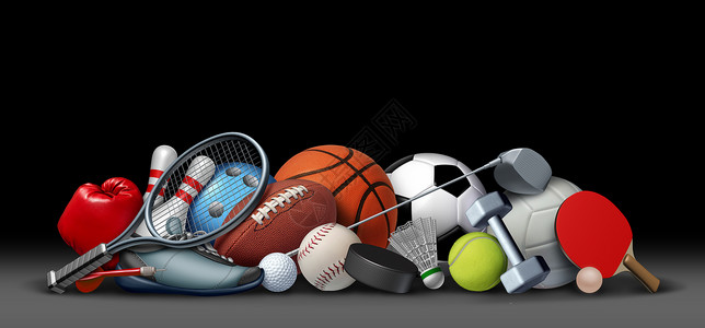 乒乓球元素黑色运动设备上的运动物体与足球篮球棒球足球网球羽毛球冰球娱乐活动,并与三维插图元素进行休闲活动背景