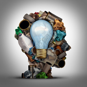 垃圾元素回收解决方案环境垃圾管理,以重复用废物纸,璃,金属塑料瓶的头部形状,个象征,可重复用的思维保护与三维插图元背景