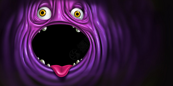 紫色怪物的嘴个外星生物的脸,张开的嘴个趣的令人毛骨悚然的怪物恶魔,空白文本区域节日问候古怪的人物背景图片
