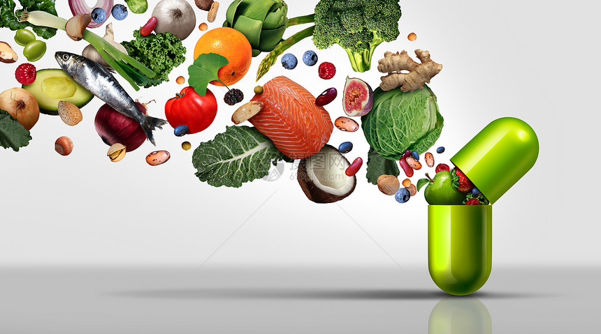 营养补充剂维生素补充剂种胶囊与水果,蔬菜,坚果豆类营养丸种健康治疗与三维插图元素图片
