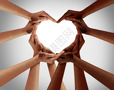种族爱情与白人黑人非裔美国人的手塑造成个跨种族的心,代表世界结种族宽容,多样平等权利的象征背景图片