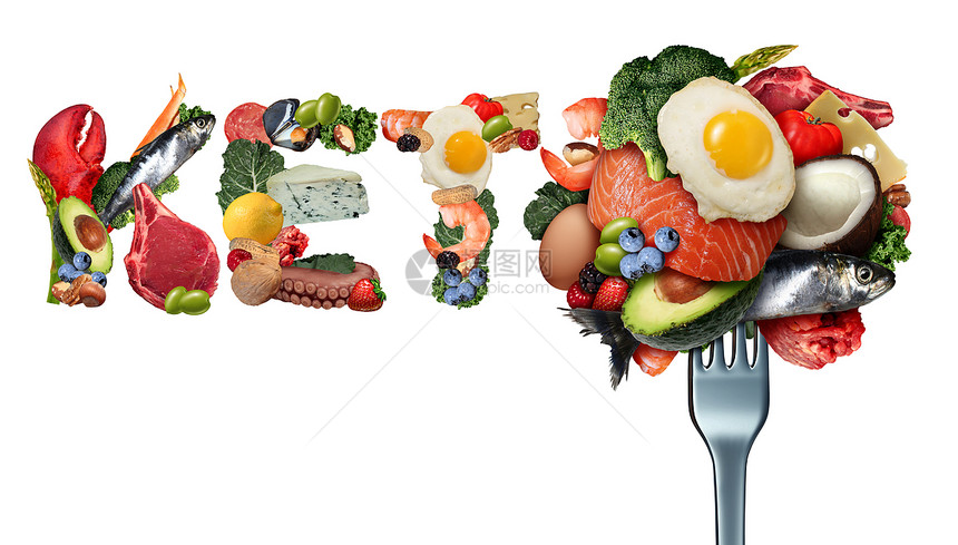 酮食品生酮饮食种低碳水化合物高脂食品的饮食方式,就像鱼坚果鸡蛋肉鳄梨样,种治疗餐,白色背景下与3D插图图片