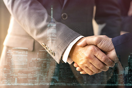 合伙人协议商务握手与纽约曼哈顿建筑透明背景背景