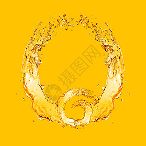 抽象标志,黄色背景上溅出明亮的啤酒与溅啤酒的形状为璃的手臂图片