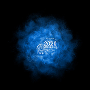 爆炸蓝色烟雾经典的蓝色粉末飞溅2020的颜色上的黑色背景,2020的趋势颜色蓝色粉末爆炸隔离黑色背景