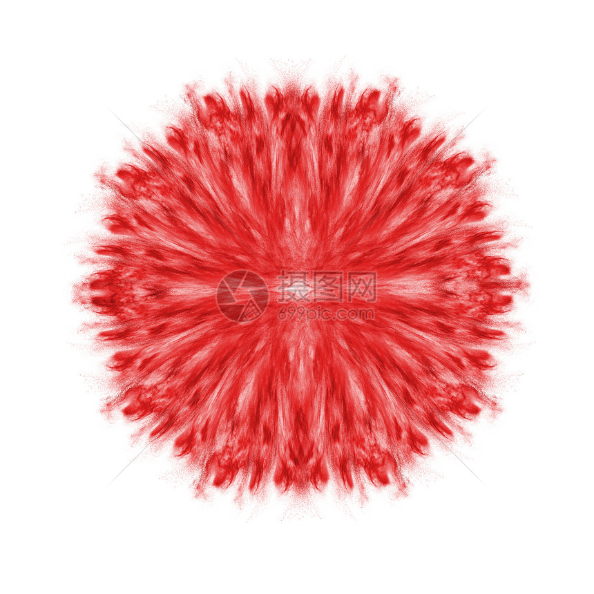 称的圆形红色爆炸形式的花白色背景上与红色粉末飞溅,称的圆形图案图片