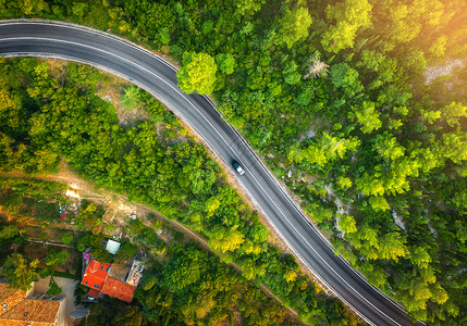 日落时美丽的绿色森林中的道路鸟瞰图片