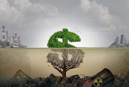 污染的财务成本污染水污染的经济成本与危险工业废物棵树形状为美元标志水下液体死工厂与三维插图元素背景图片