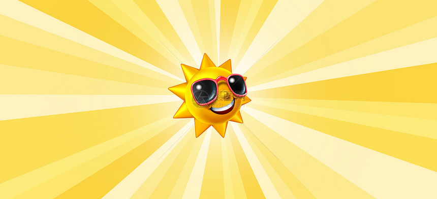 微笑的夏日阳光灿烂的背景,个快乐的发光人物,太阳镜度假的热象征,放松与阳光明媚的天气,光线三维插图图片