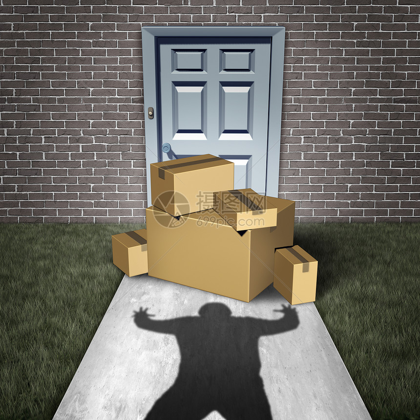 包裹盗窃门廊海盗小偷家里偷包裹送前门,窃贼家门口抢劫盒子与3D插图元素图片