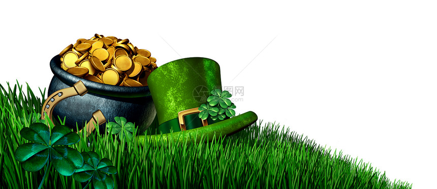 帕特里克日元素个绿色的节日符号,空的文本区域与三叶草,留下壶金色马蹄草地上,个三维插图隔离白色图片