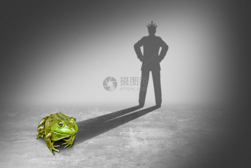 青蛙王子投下了个皇家王子迷人的影子,戴着个金色的皇冠,代表了两栖动物轻未来国王的三维插图风格的变变的童话图片