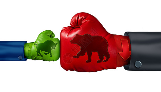 手套ICON投资于熊市个大的看跌符号,与个小公牛图标战斗,场金融经济的战斗,与强大的负市场力量与3D插图元素背景