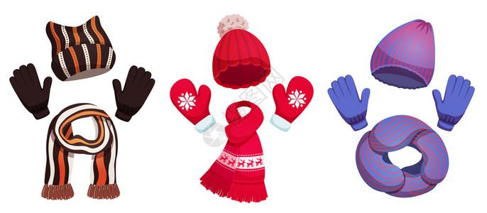 随便什么季节冬季围巾帽子收集与三套彩色寒冷天气服装空白背景矢量插图插画