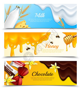 蜂蜜牛奶面膜三个水平黏液飞溅的斑点滴现实的横幅牛奶蜂蜜巧克力标题矢量插图插画