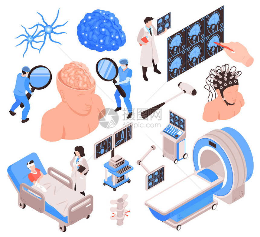 神经学等距元件与医务人员患者测试治疗诊断设备脑MRI扫描仪矢量插图图片