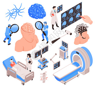 神经学等距元件与医务人员患者测试治疗诊断设备脑MRI扫描仪矢量插图图片