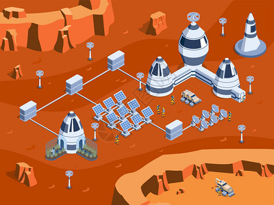 彩色等距火星殖民插图与科学设备机器人漫游宇航员矢量插图图片