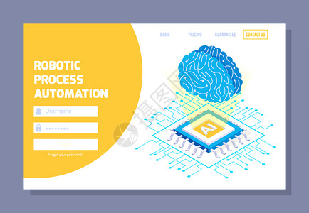 机器人过程自动化等距网站登录页与可点击链接图像的处理器大脑矢量插图图片
