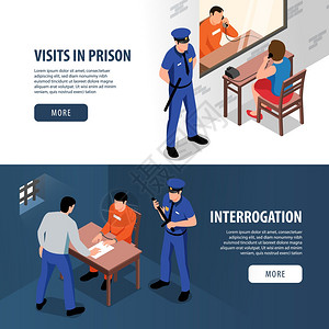 监狱矢量监狱两个等距横幅与访客囚犯探视室侦探罪犯戴着审讯室矢量插图插画