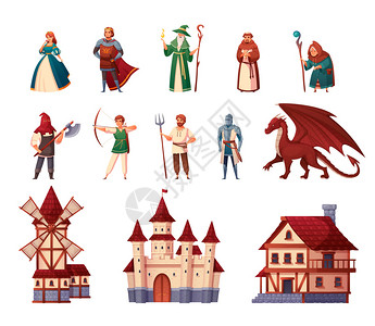中世纪人物卡通集与城堡磨坊矢量插图背景图片