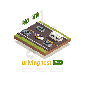 驾驶学校等距构图与可编辑文本,更多按钮图像的高速公路与训练车辆矢量插图背景图片