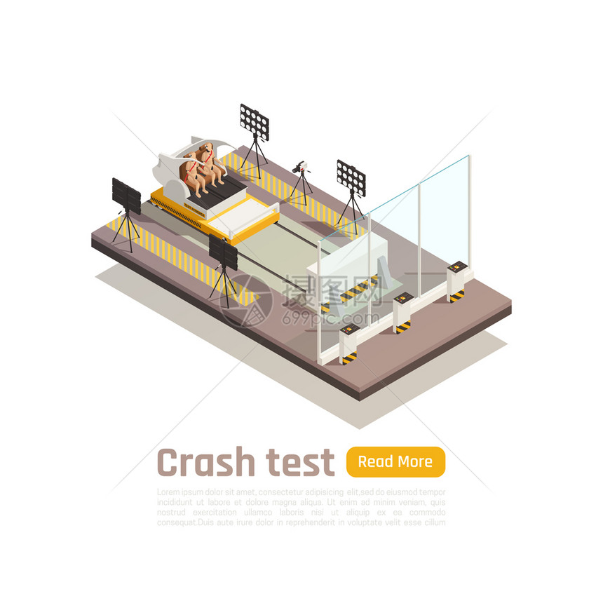 碰撞测试汽车安全等距成,以测试夹具单元假人与文本矢量插图图片