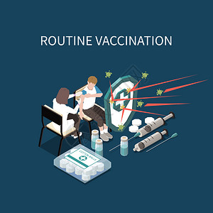 常规接种等距背景与医疗注射器安瓿与疫苗医生病人矢量插图图片