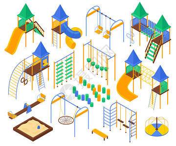 等距儿童游乐场与儿童游戏区设施,娱乐活动设备幻灯片矢量插图的孤立图像图片