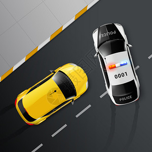 汽车顶部视图的真实构图与路阻碍了追逐汽车矢量插图图片