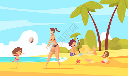 棕榈树象征海滩家庭假日作文与夏季景观人物的孩子与父母沙滩矢量插图插画