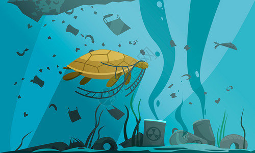 海洋塑料垃圾自然水污染成分与水下风景海龟游泳颗粒污垢废物矢量插图插画