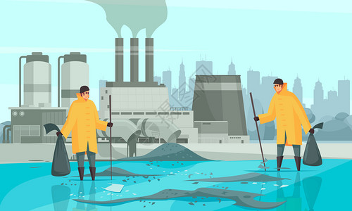 危险垃圾自然水污染构成与人类人物城市景观工厂建筑背景与脏水表矢量插图插画