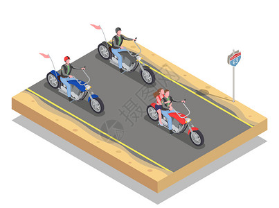 摩托车模型等距构图与男女骑着五颜六色的摩托车三维矢量插图插画