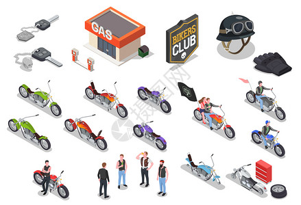 摩托车钥匙摩托车手的特点,他们的配件同的摩托车模型等距图标白色背景三维矢量插图上插画