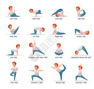 儿童瑜伽图标与姿势符号卡通孤立矢量插图图片
