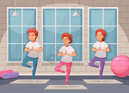 儿童瑜伽背景与室内训练符号卡通矢量插图图片